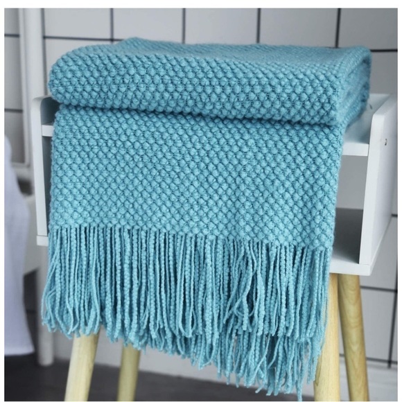 Light Sky Blue Textured Minimal Cozy Knit Pattern Fringe Tassel Couch Blanket - Picture 7 of 16